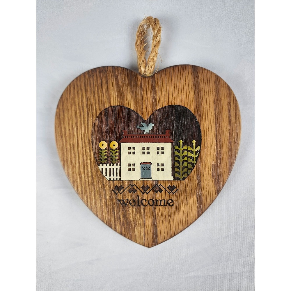 Vintage Woodcut Engraving Heart Welcome Wall Hanging Folk Art Rustic Country